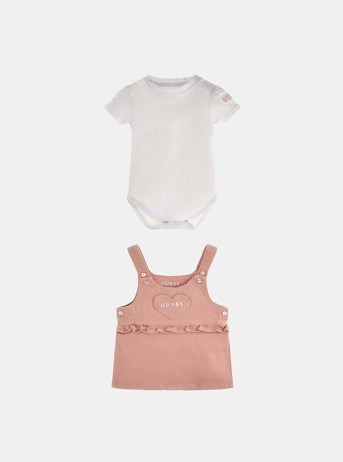 White Onesie and Pink Overall Two-Piece Set (3-18M) | GUESS Kids | front view