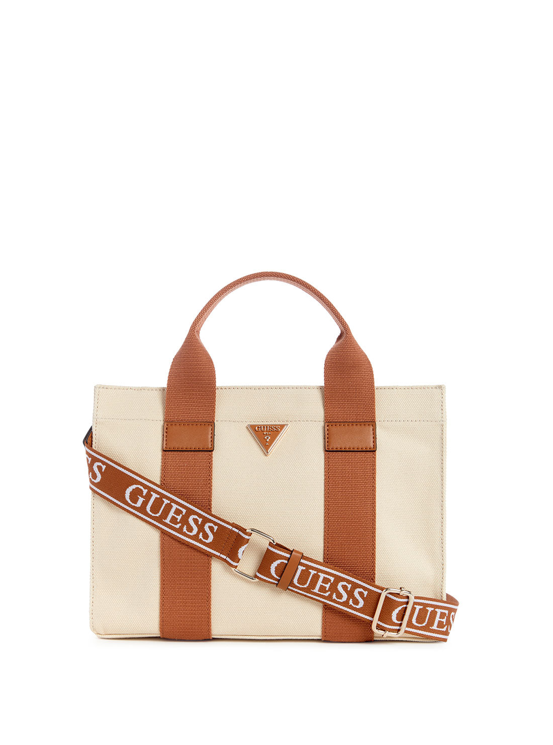 GUESS Beige Brown Canvas Small Tote Bag front view
