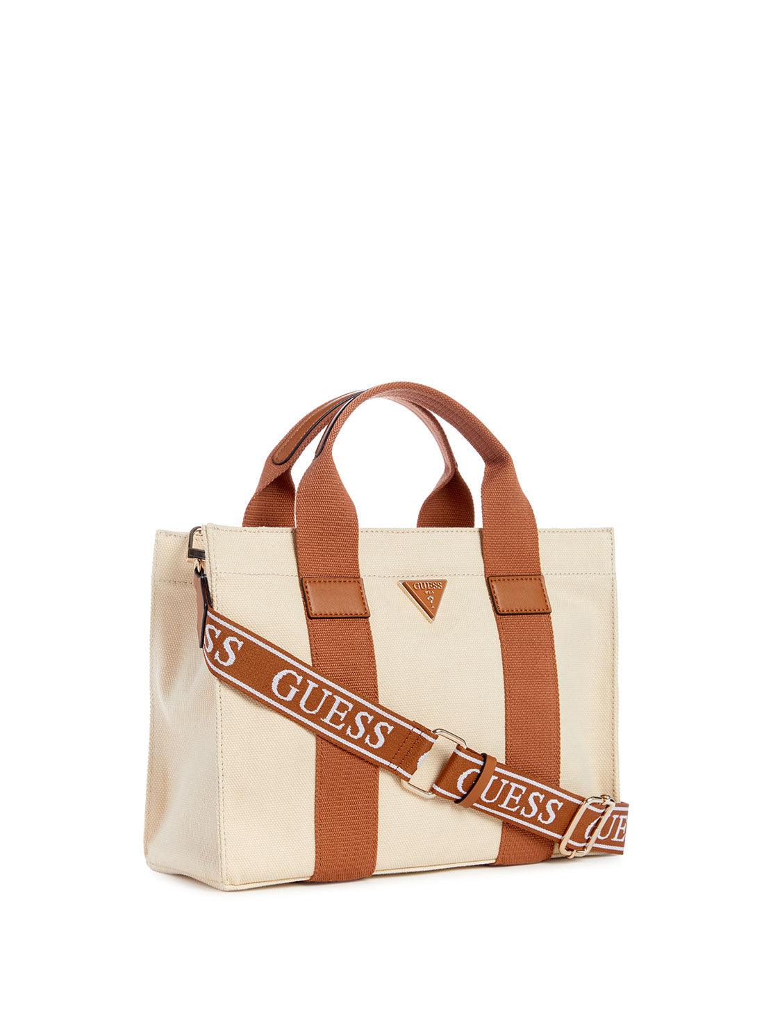 GUESS Beige Brown Canvas Small Tote Bag side view