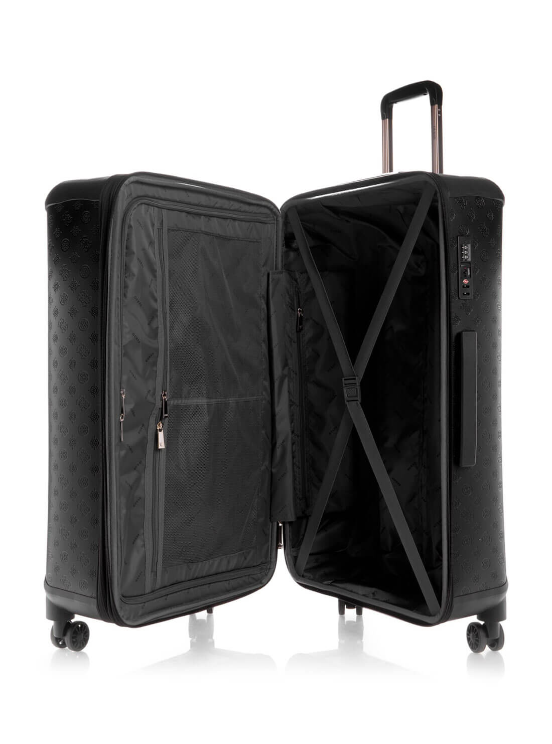 Black Debossed Wilder 71cm Suitcase | GUESS Handbags | inside view
