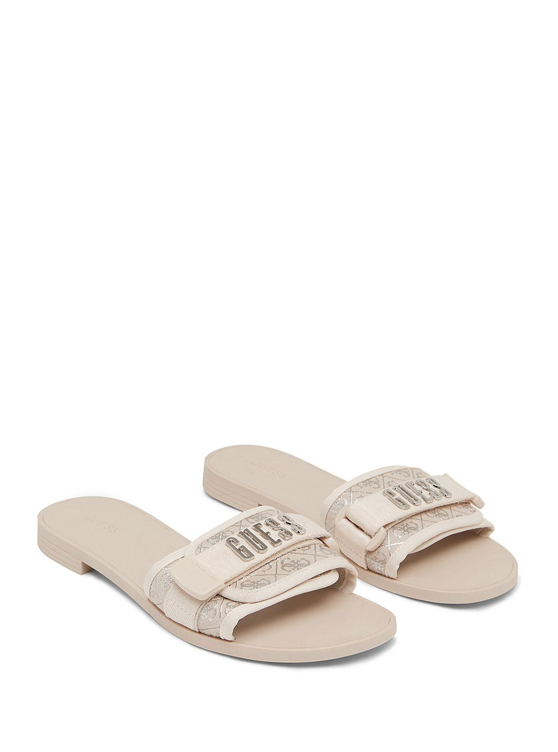 guess womens Beige Logo Elyze Slides side view