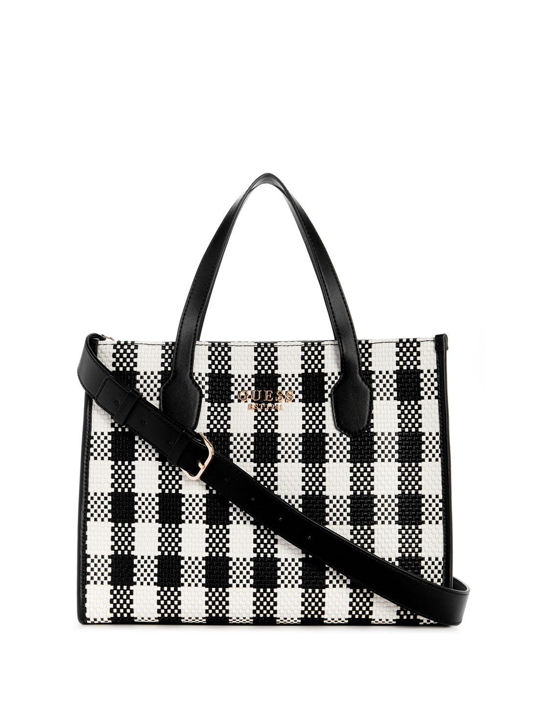 GUESS Black White Silvana Tote Bag front view