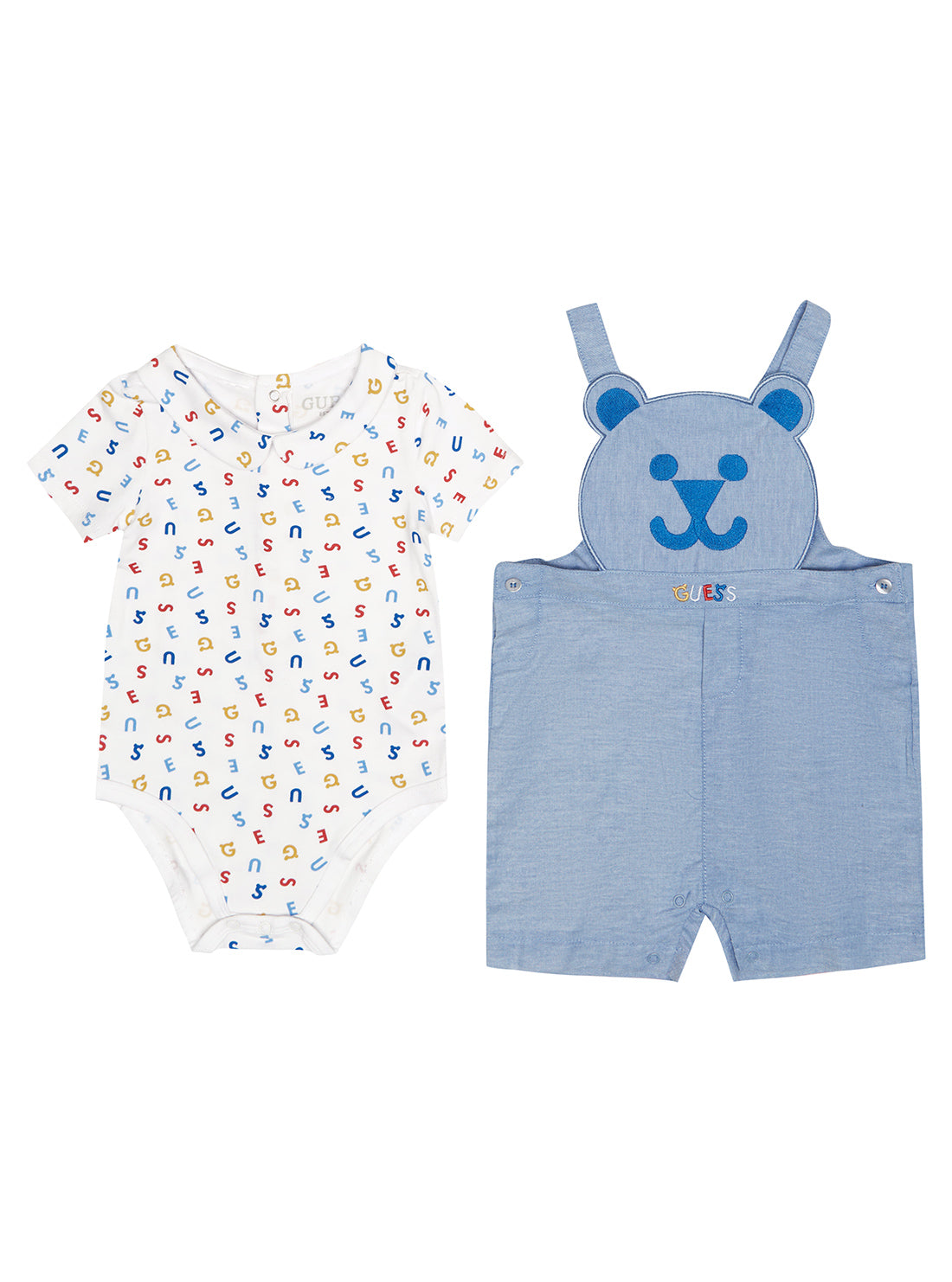 GUESS Baby Boy Blue White Bear Onesie And Overall 2-Piece Set (0-12m) P3RG06J1300 Front View