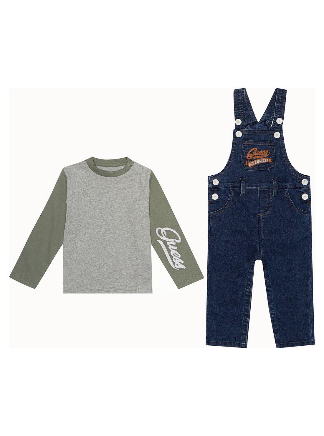 GUESS Baby Boy Grey Logo T-Shirt And Denim Overalls 2-Piece Set (0-12m) I3RG06K9N50 Front View
