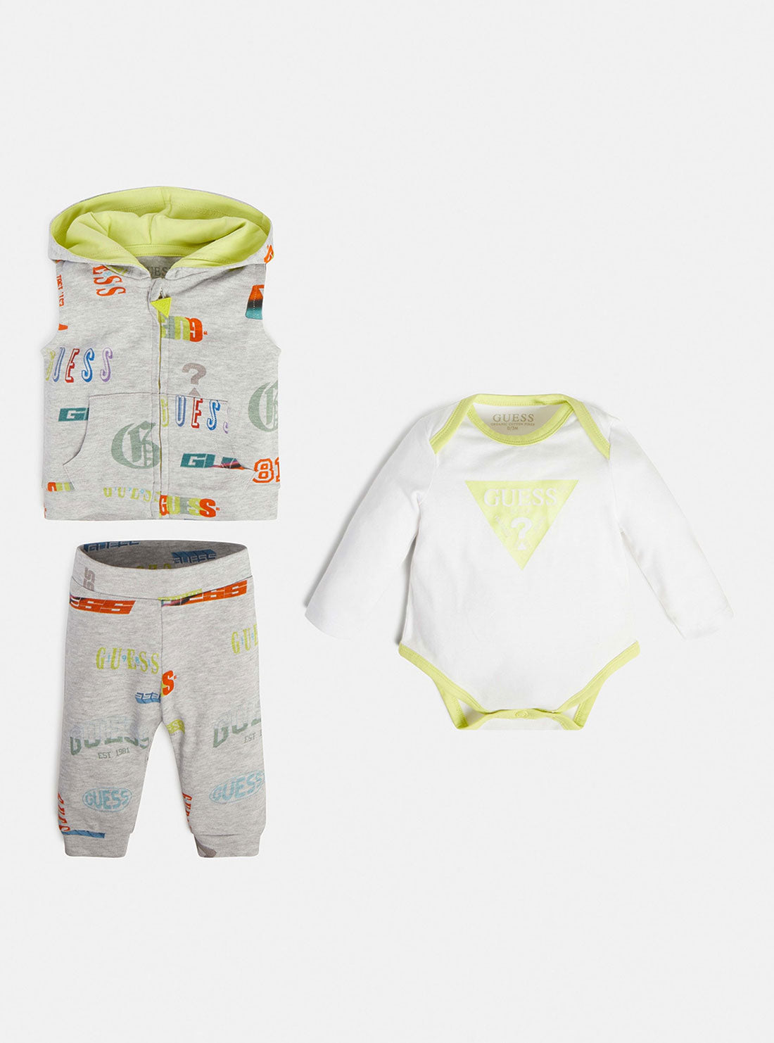 GUESS Baby Eco Yellow Logo Hooded Vest Onesie And Pants 3-Piece Set (0-12m) P3RG01KA6W0 Front View