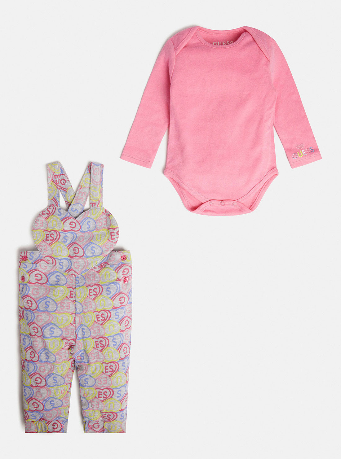 GUESS Baby Girl Pink Logo Onesie And Overall 2-Piece Set (0-12m) S2BG08K83S0 Front View