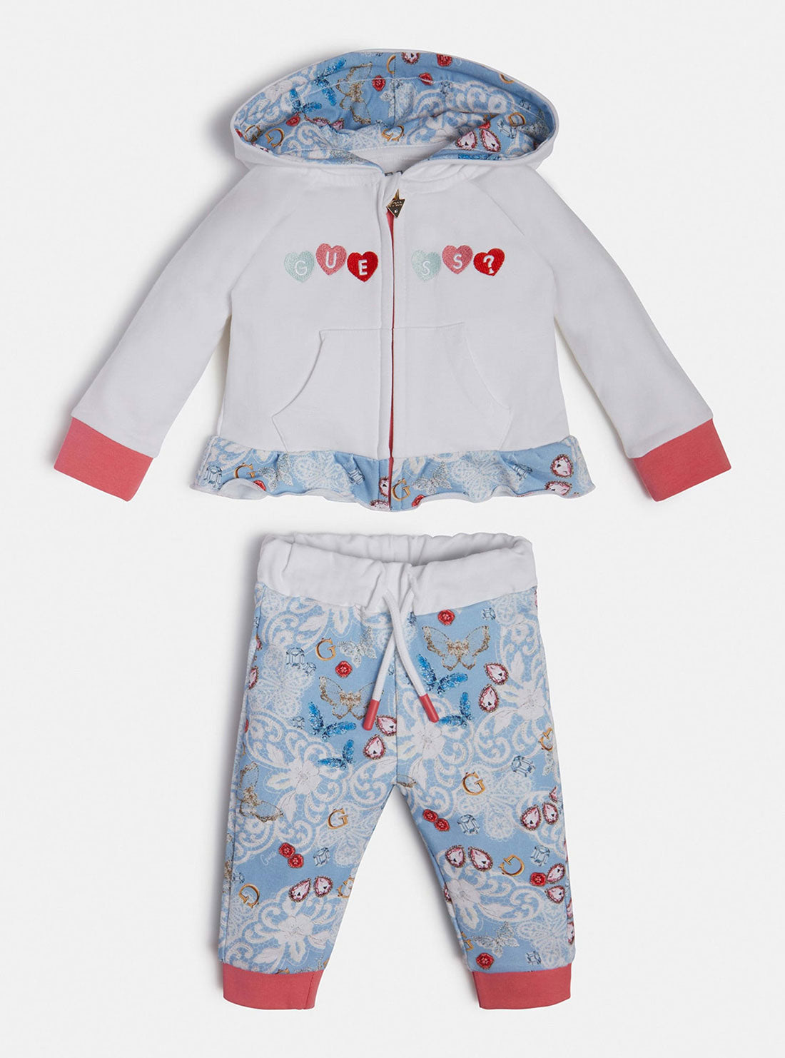 GUESS Baby Girl White Blue Print Jacket And Pants 2-Piece Set (0-12m) A3RG07KA6V3 Front View