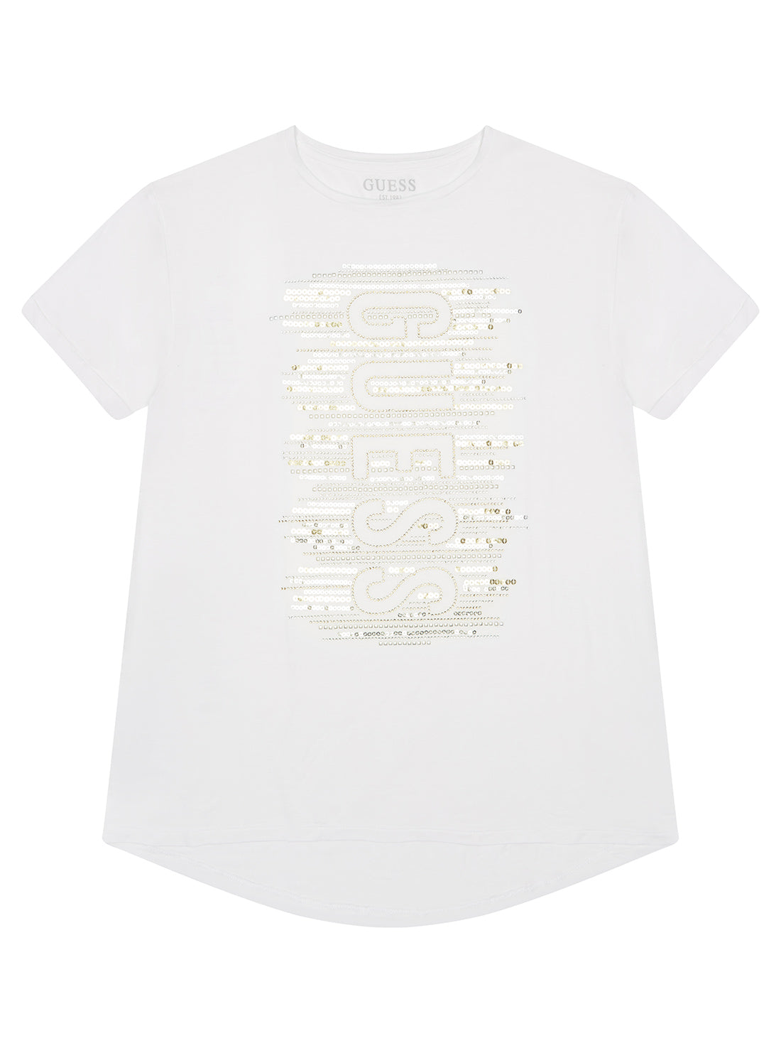 GUESS Big Girl White Sequined Logo T-Shirt (7-16) J3RI15KAPO0 Front View