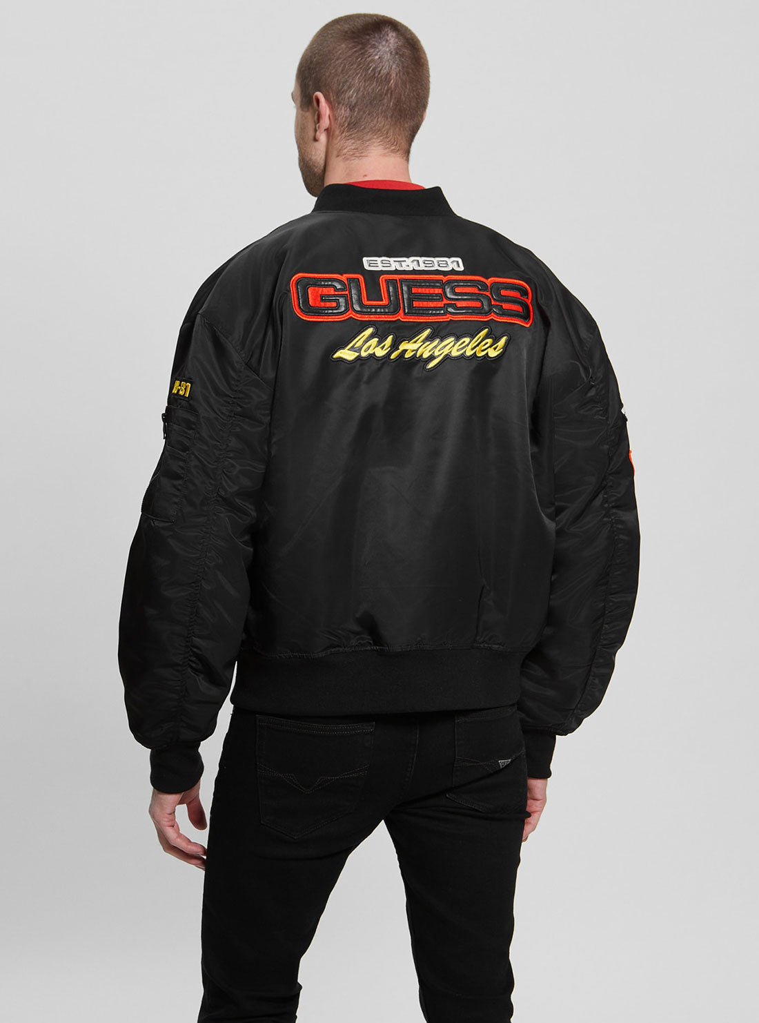 GUESS Men's Black Ace Satin Patches Bomber Jacket M3GL14WFA20 Back View