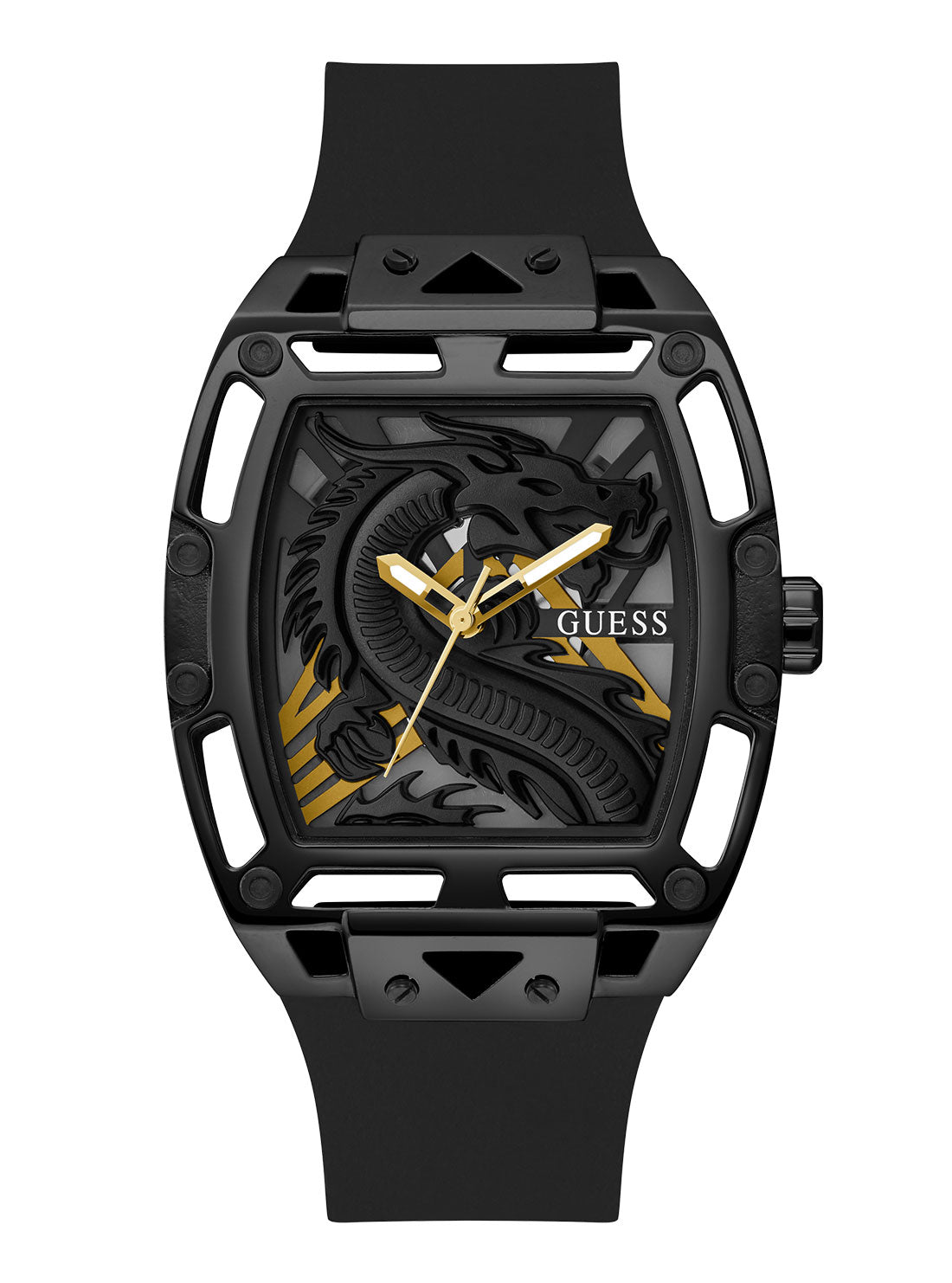 GUESS Men's Black Legend Silicone Dragon Watch GW0648G1 Front View