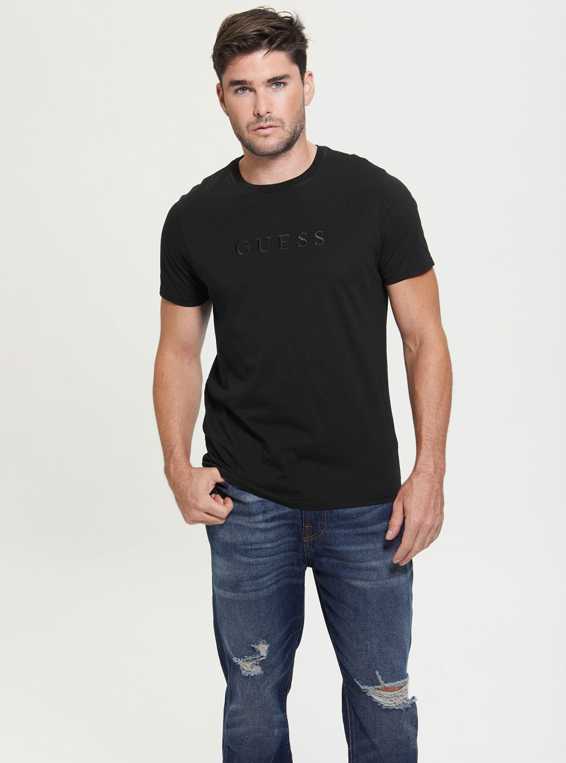 GUESS Men's Black Pima Logo T-Shirt M2BP47K7HD0 Front View