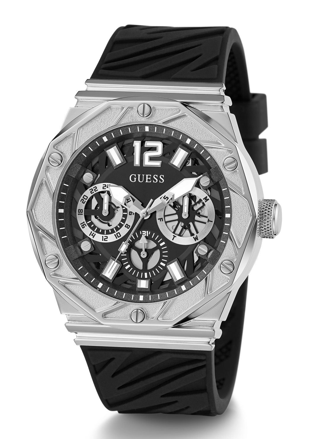 GUESS Men's Black Silver Rival Silicone Watch GW0634G1 Full View