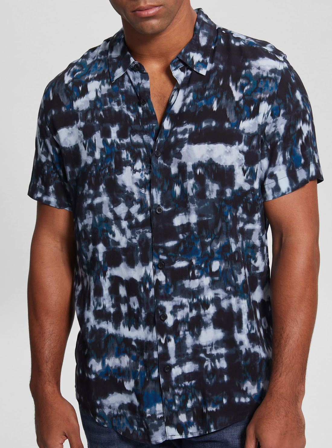 GUESS Men's Eco Blue Tie Dye Ikat Shirt M3RH09WD4Z2 Detail View