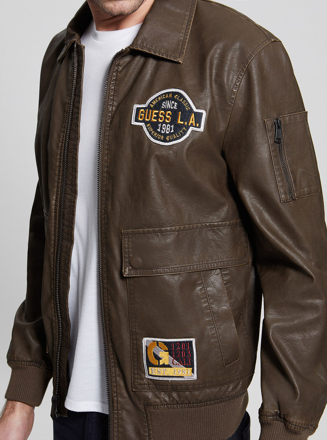 GUESS Men's Eco Chocolate Aviator Faux Leather Jacket M3RL20WF4N0 Detail View