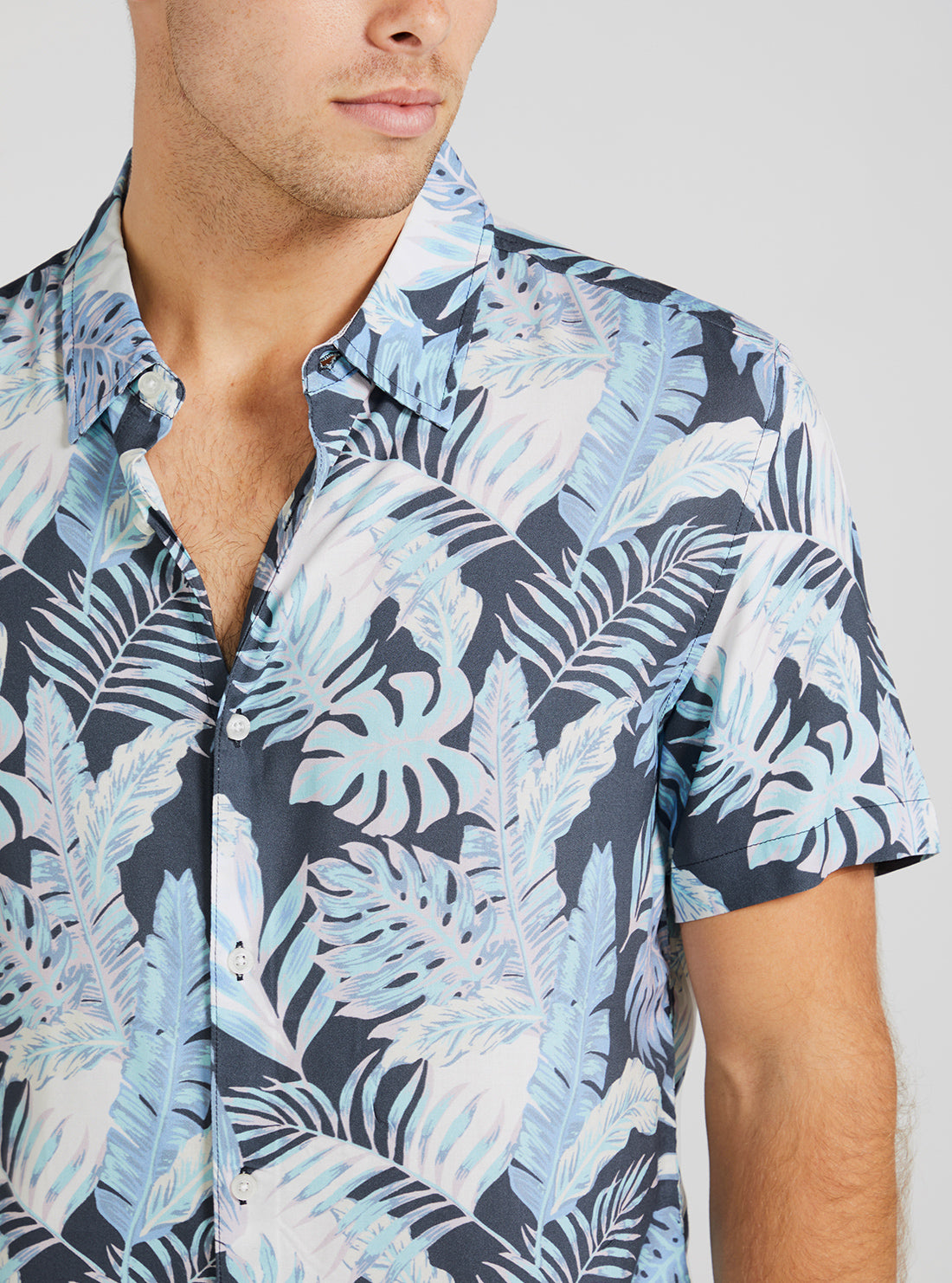 GUESS Men's Eco Indigo Tropics Rayon Shirt M3GH31WD4Z2 Detail View