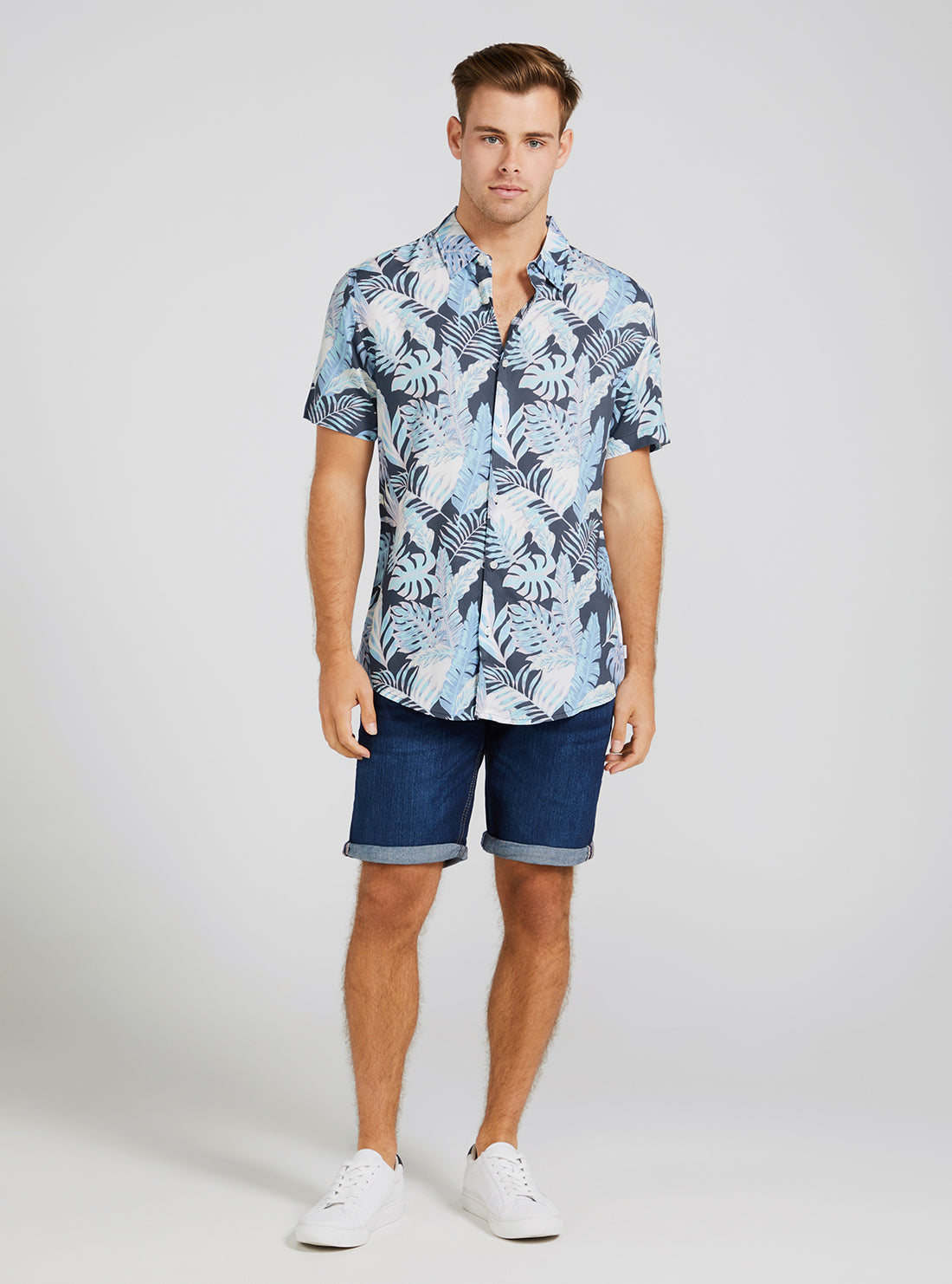 GUESS Men's Eco Indigo Tropics Rayon Shirt M3GH31WD4Z2 Full View