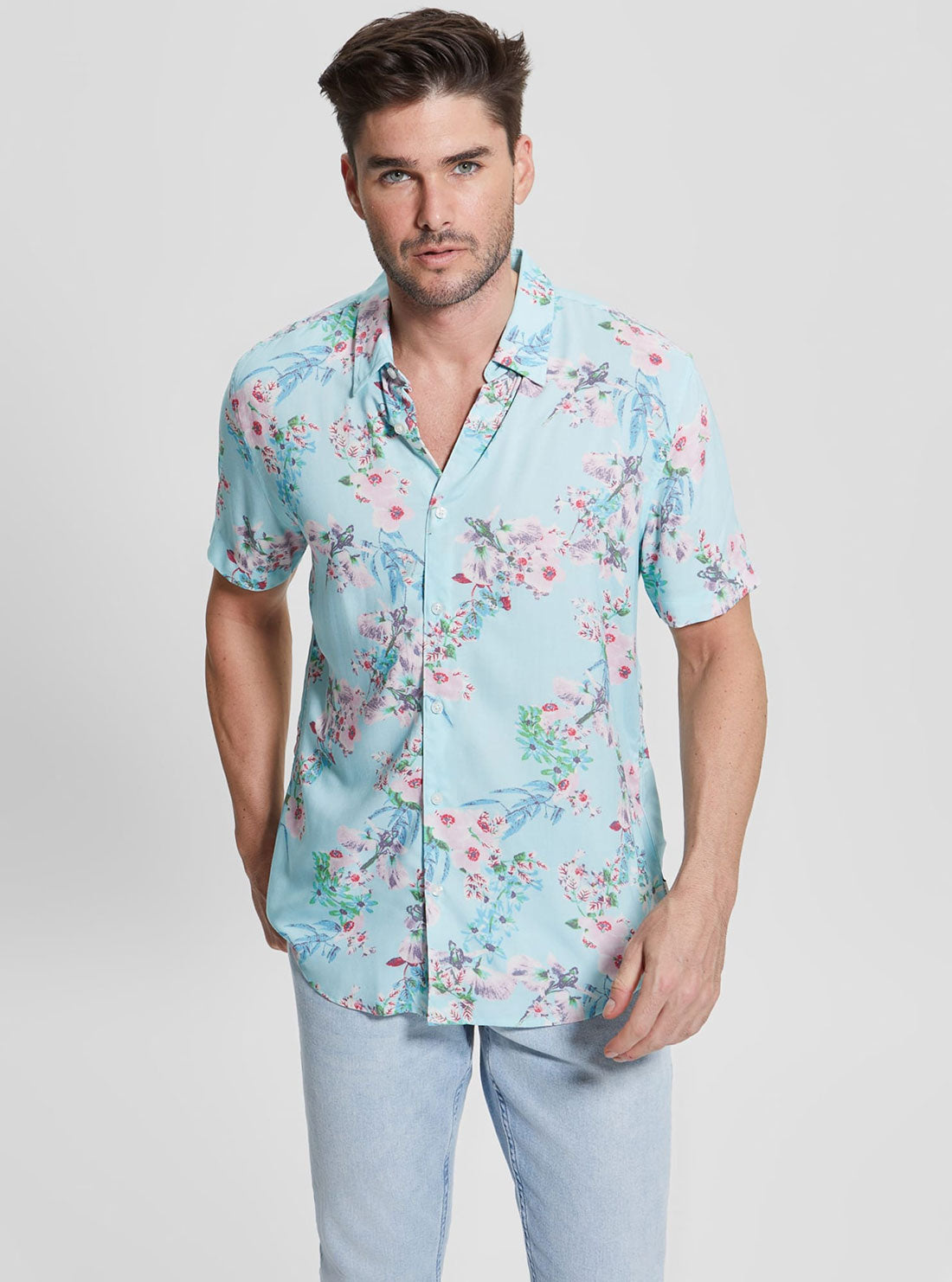 GUESS Men's Eco Wild Orchids Rayon Shirt M3GH34WD4Z2 Front View