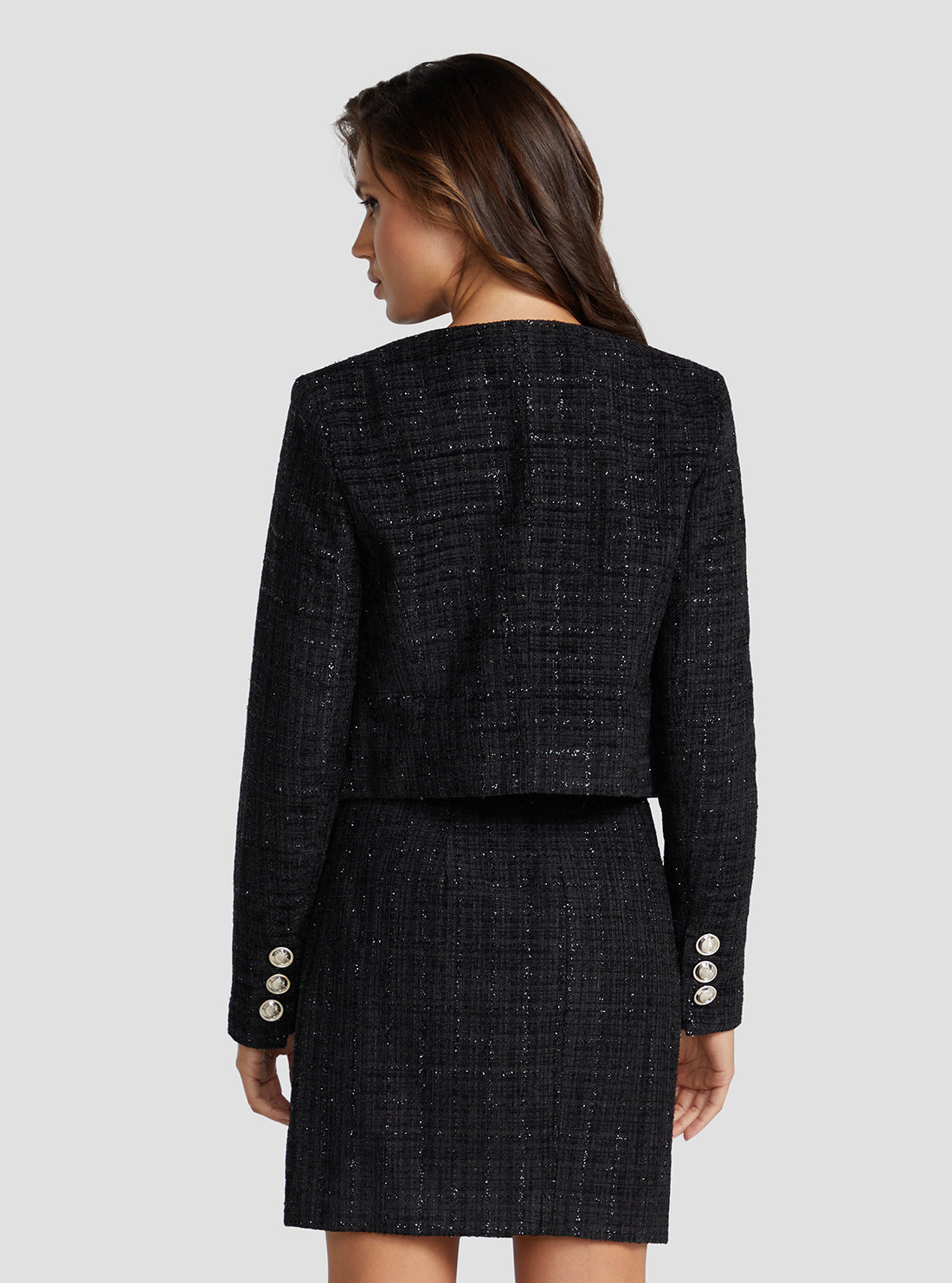 GUESS Women's Black Alara Shimmer Tweed Jacket W3RN50WF5A0 Back View