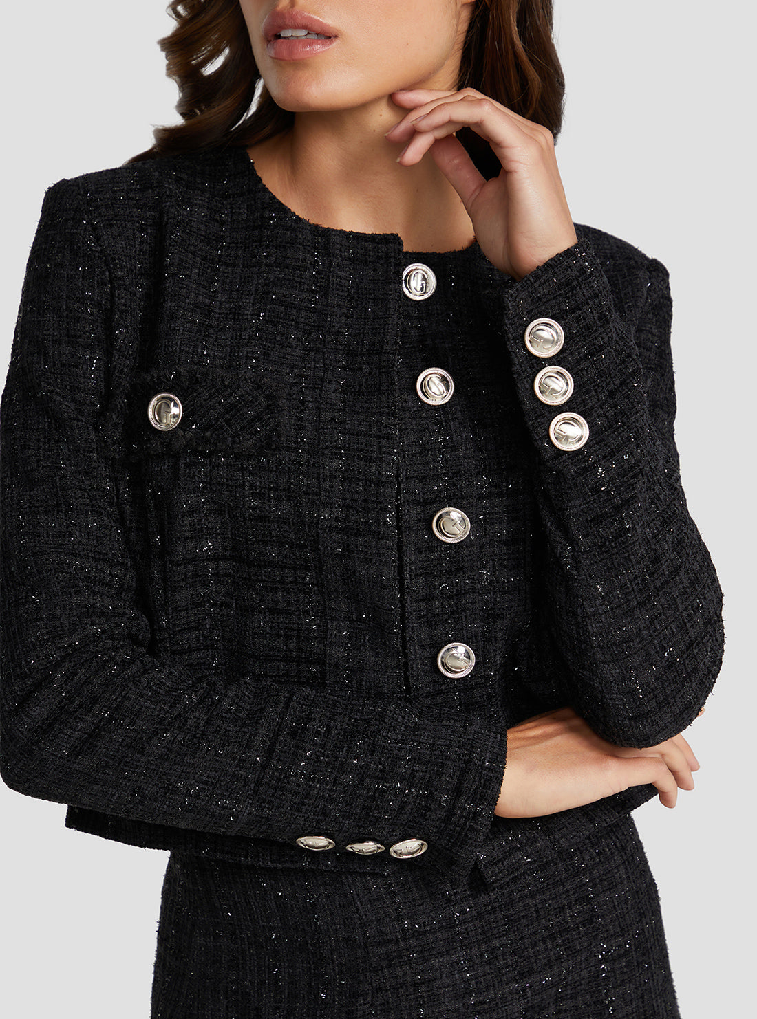 GUESS Women's Black Alara Shimmer Tweed Jacket W3RN50WF5A0 Detail View
