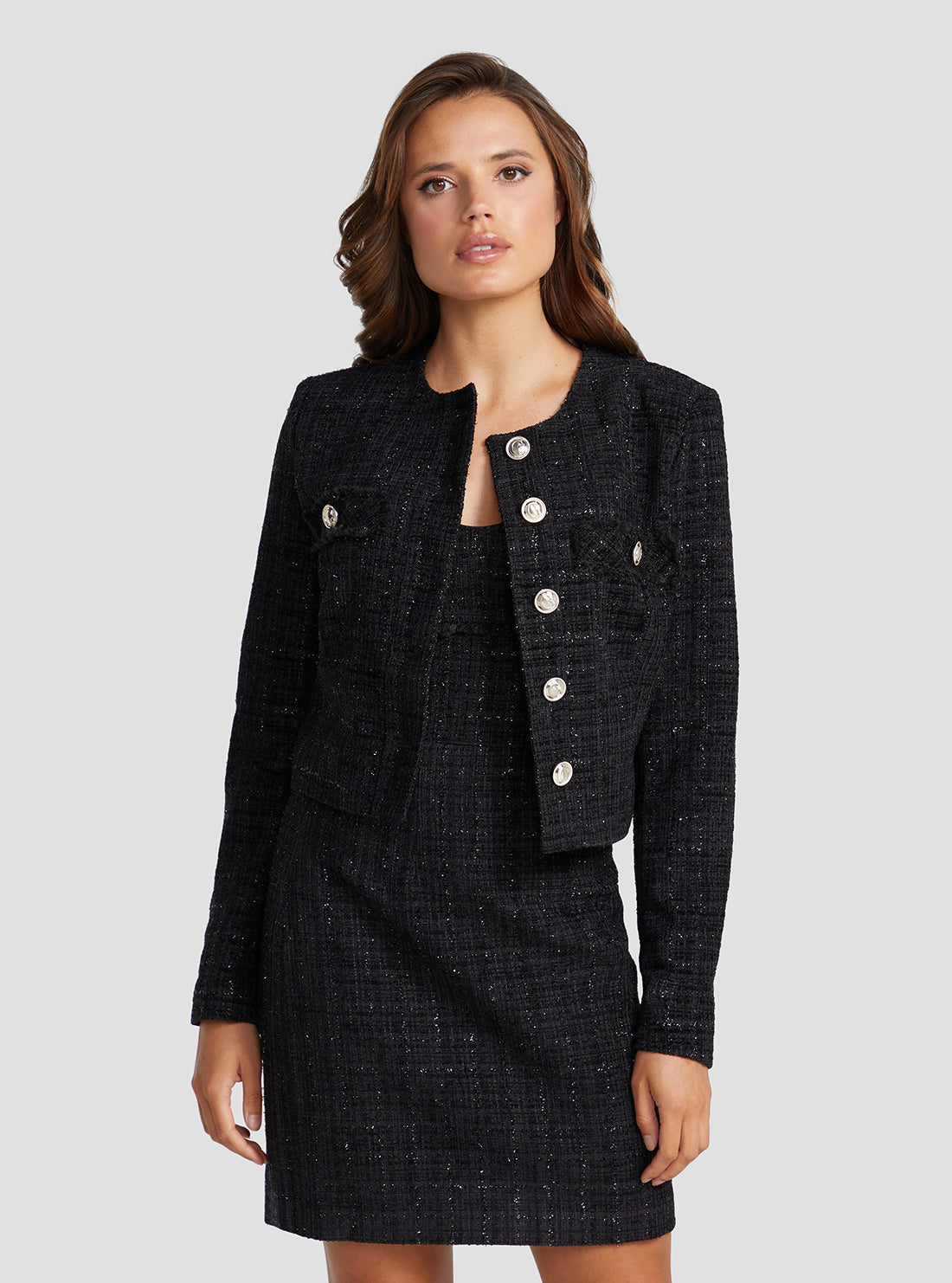 GUESS Women's Black Alara Shimmer Tweed Jacket W3RN50WF5A0 Front View