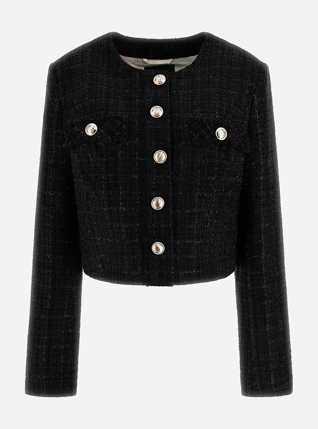 GUESS Women's Black Alara Shimmer Tweed Jacket W3RN50WF5A0 Ghost View