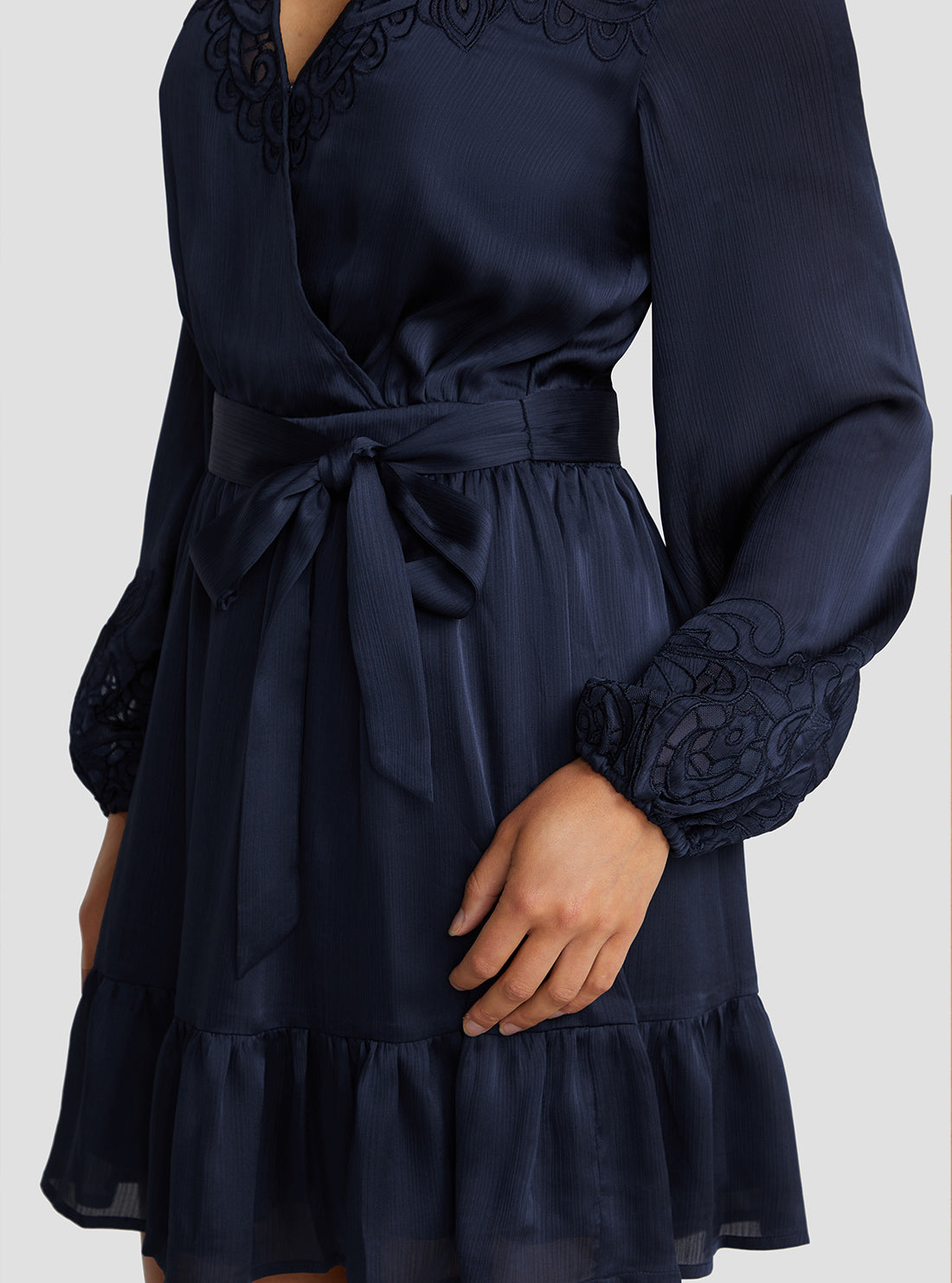 GUESS Women's Blackened Blue Adora Wrap Mini Dress W3RK34WF4X2 Detail View