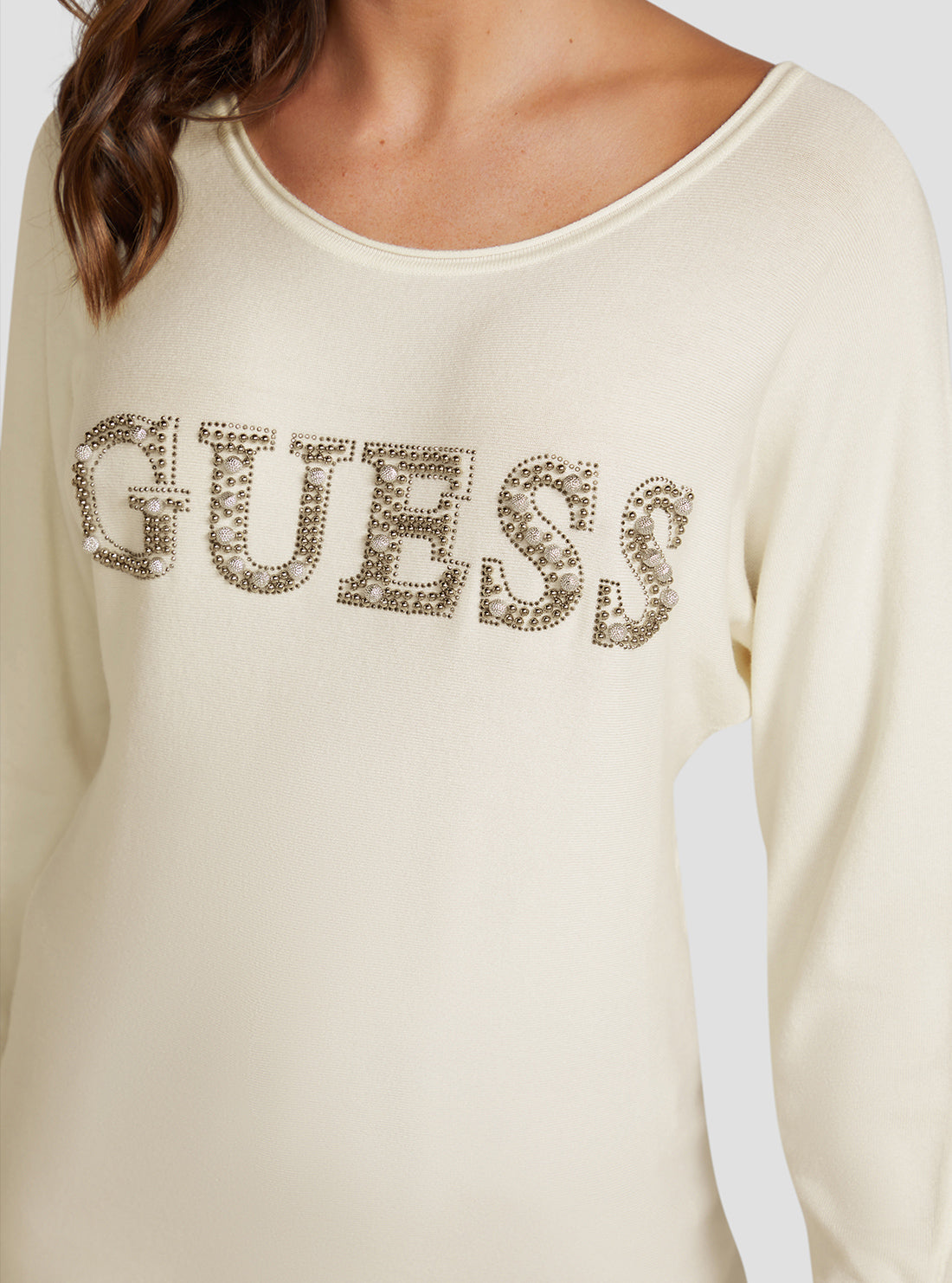 GUESS Women's Cream White Gabrielle Embellished Logo Jumper W3RR47Z2NQ2 Detail View