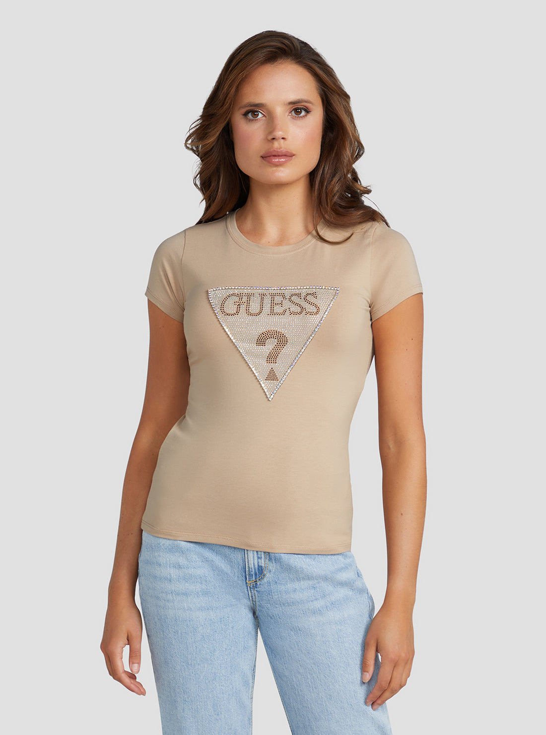 GUESS Women's Eco Beige Crystal Logo T-Shirt W3RI05KA0Q1 Front View