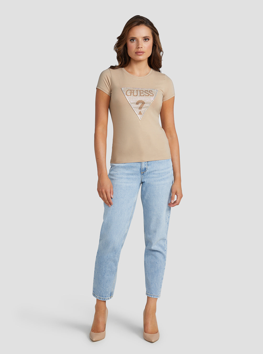 GUESS Women's Eco Beige Crystal Logo T-Shirt W3RI05KA0Q1 Full View