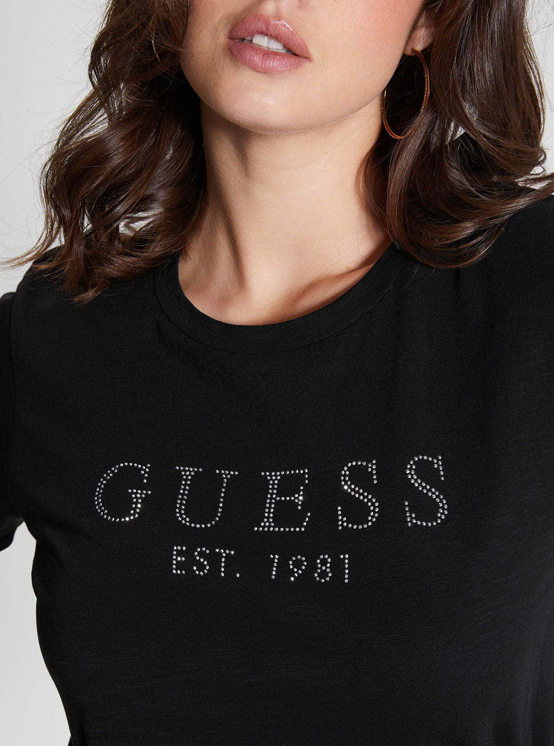 GUESS Women's Eco Black 1981 Crystal Logo T-Shirt W3GI76K8G01 Detail View