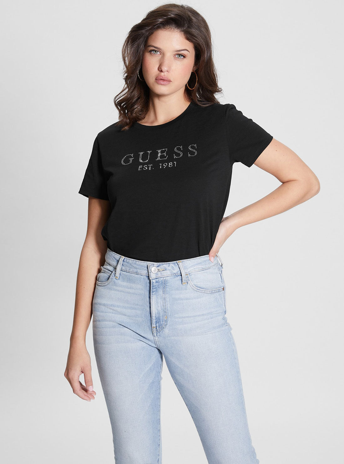 GUESS Women's Eco Black 1981 Crystal Logo T-Shirt W3GI76K8G01 Front View