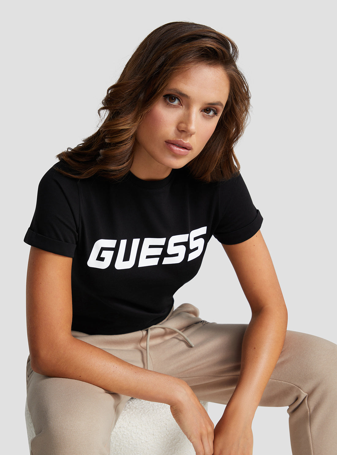 GUESS Women's Eco Black Esther Active Logo T-Shirt V3RI02I3Z14 Seated View