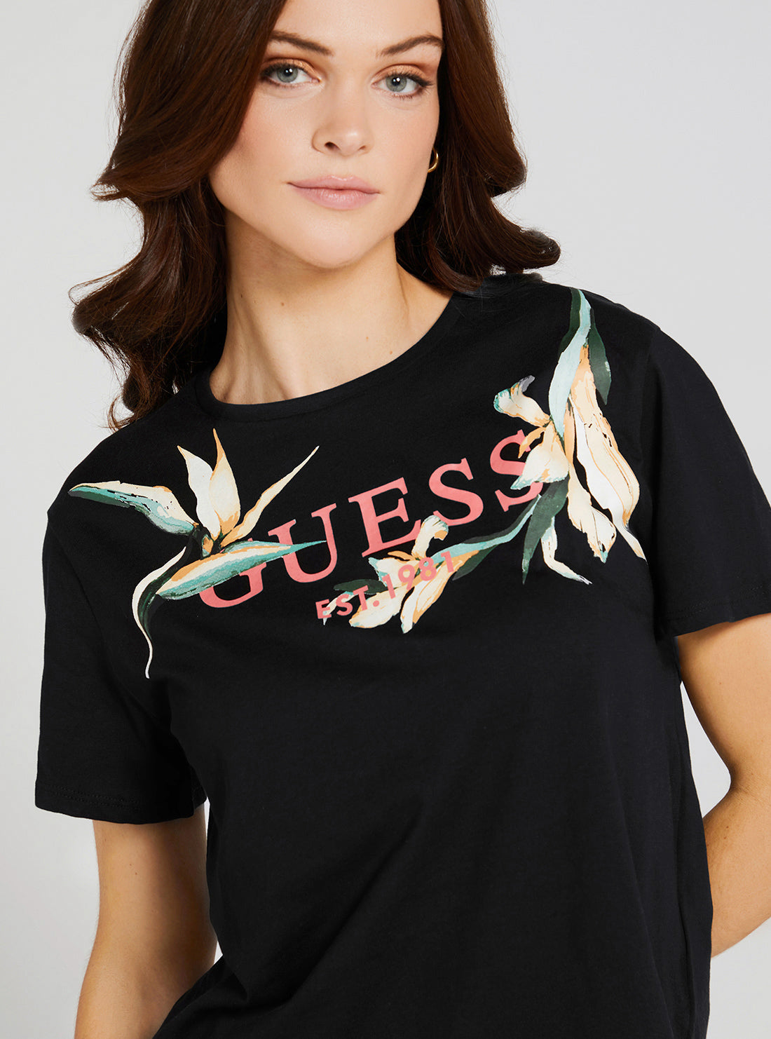 GUESS Women's Eco Black Logo Flowers T-Shirt W3GI43JA914 Detail View
