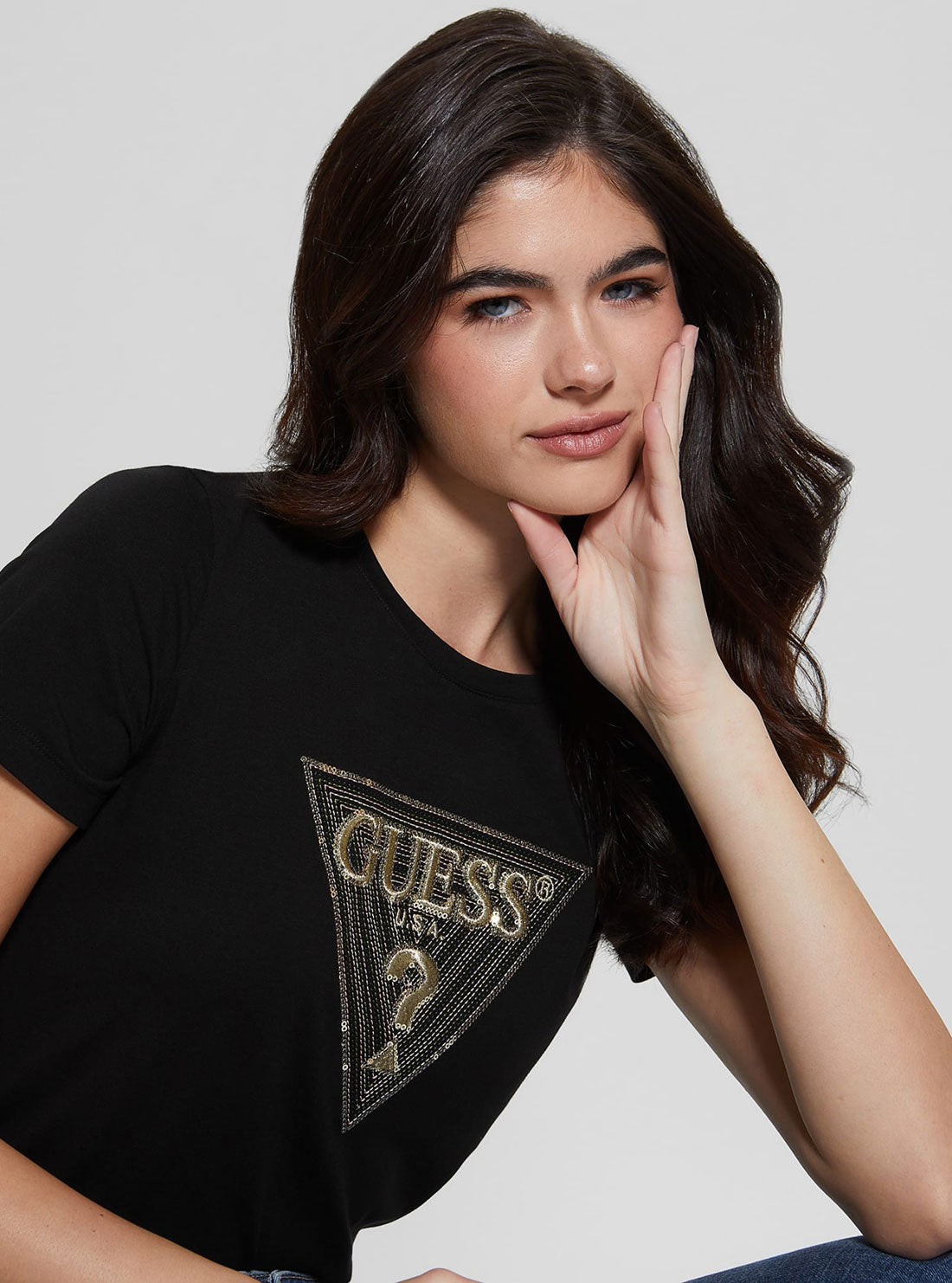 GUESS Women's Eco Black Sequin Multicolour Logo T-Shirt W3GI61K6YW1 Detail View