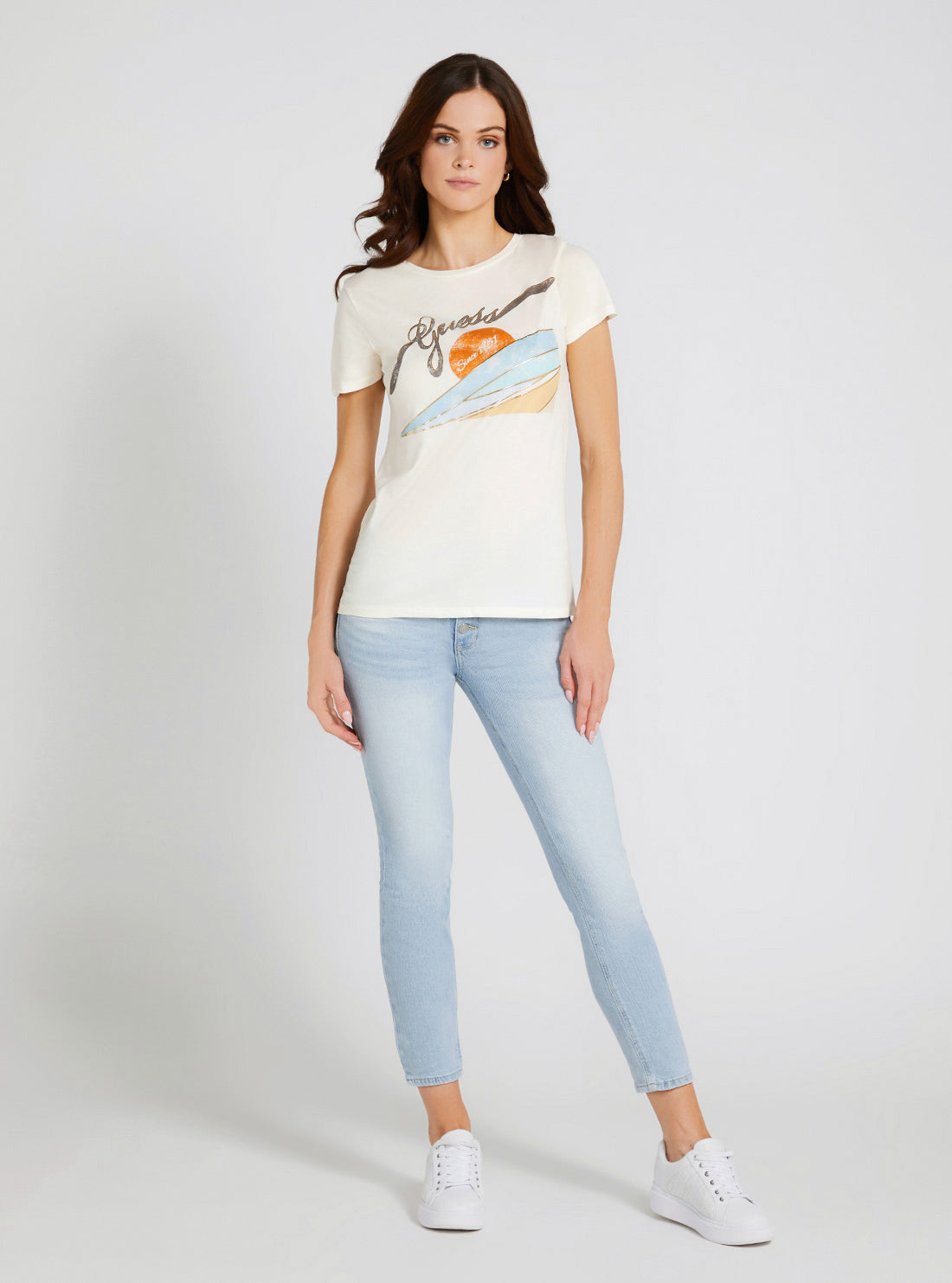 GUESS Women's Eco Cream White Sun Logo Easy T-Shirt W3GI58K9SN1 Full View