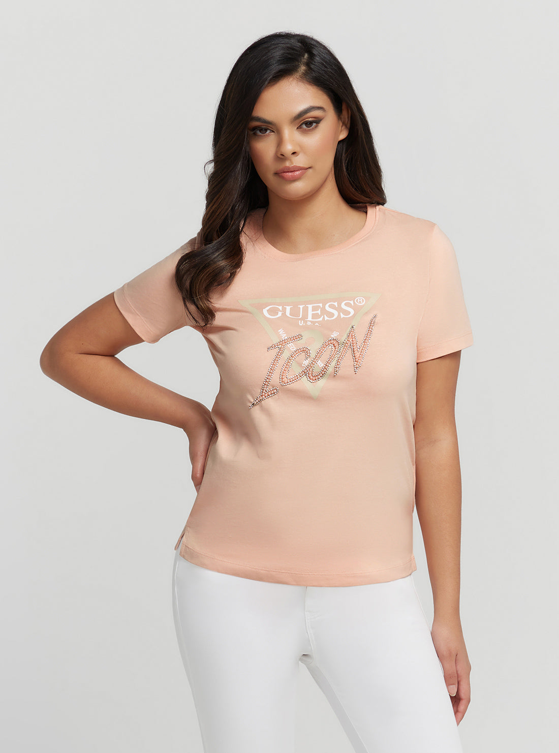 GUESS Women's Eco Dolly Pink Icon Logo T-Shirt W3YI42I3Z13 Front View