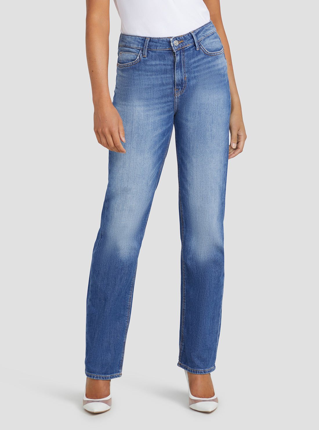 GUESS Women's Eco High-Rise 1981 Straight Denim Jeans In Focus Wash W3RA22D4WF1 Front View