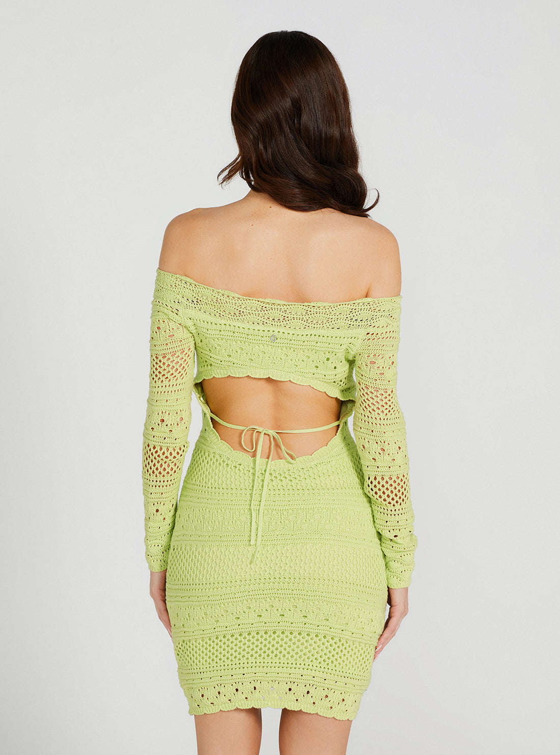 GUESS Women's Eco Honeydew Green Amelie Crochet Mini Dress W3GK19Z2YL1 Back View