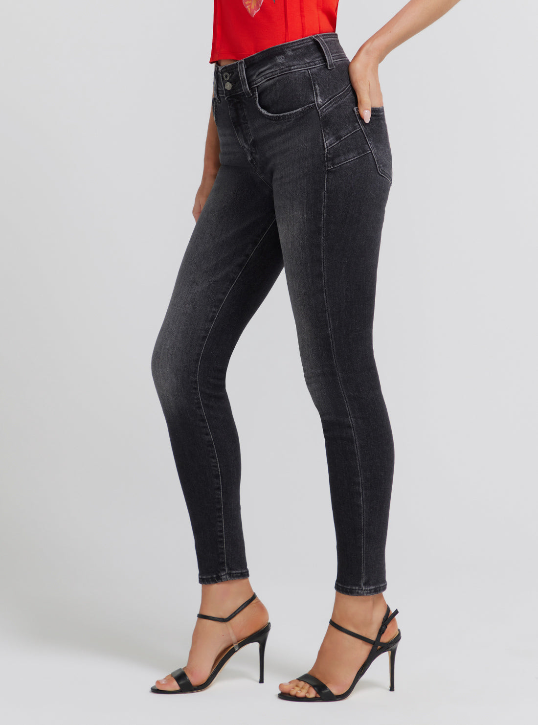 GUESS Women's Eco Mid-Rise Shape Up Denim Jeans In Station Black Wash W3YA35D52T2 Side View
