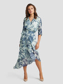 GUESS Women's Eco Porcelain Floral Print Ensley Wrap Midi Dress W3RK52WCWF2 Full View