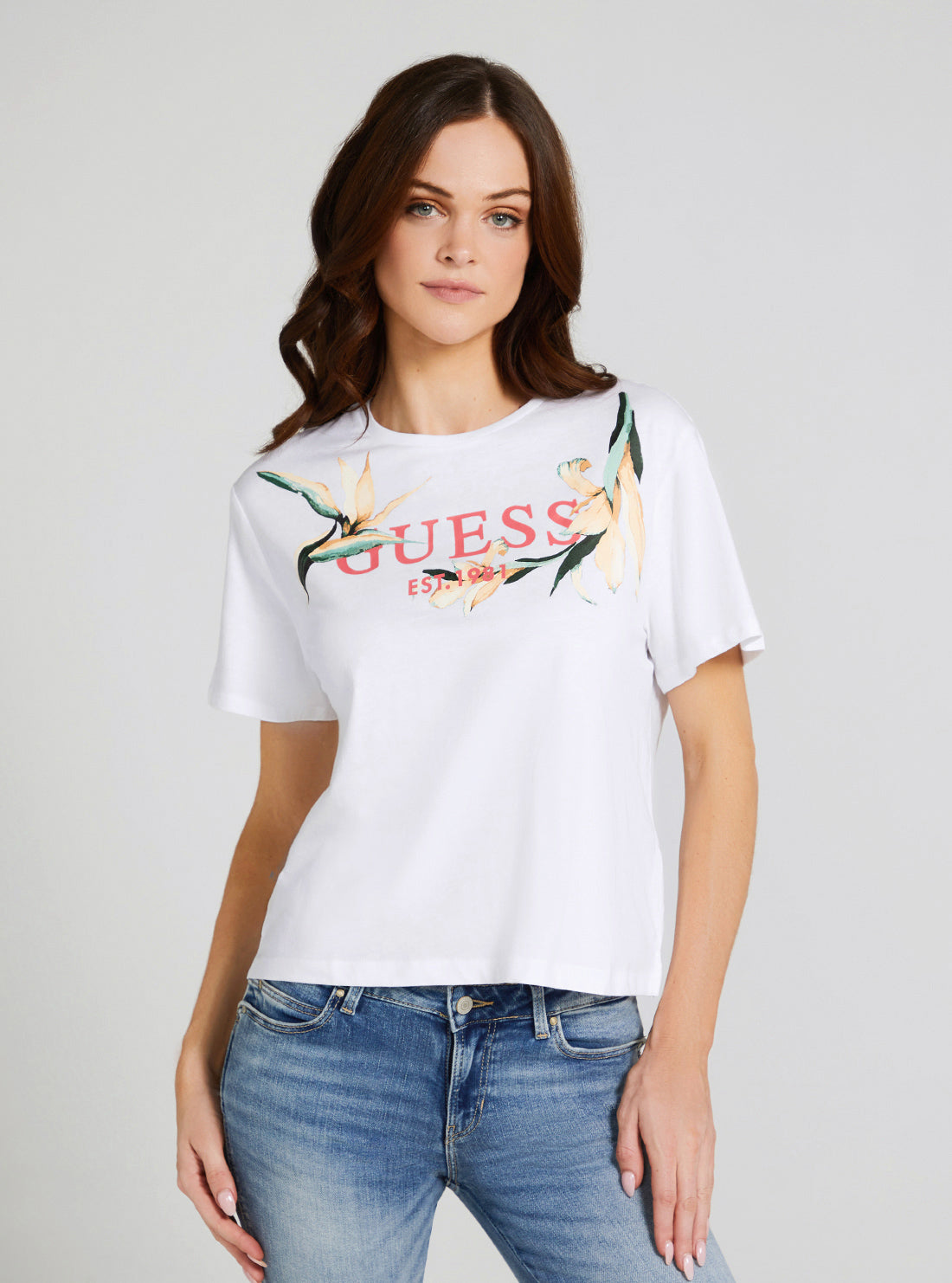 GUESS Women's Eco White Logo Flowers T-Shirt W3GI43JA914 Front View