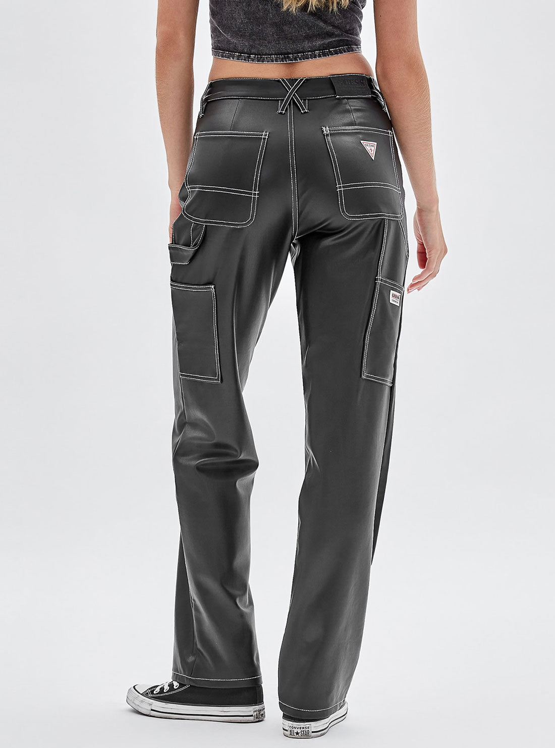 GUESS Women's Guess Originals Black Faux Leather Carpenter Pants W2BG10K8S30 Back View