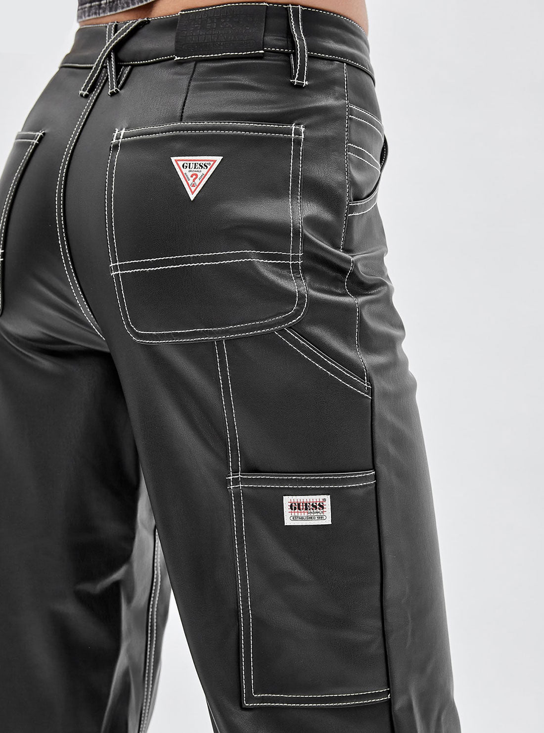 GUESS Women's Guess Originals Black Faux Leather Carpenter Pants W2BG10K8S30 Detail View