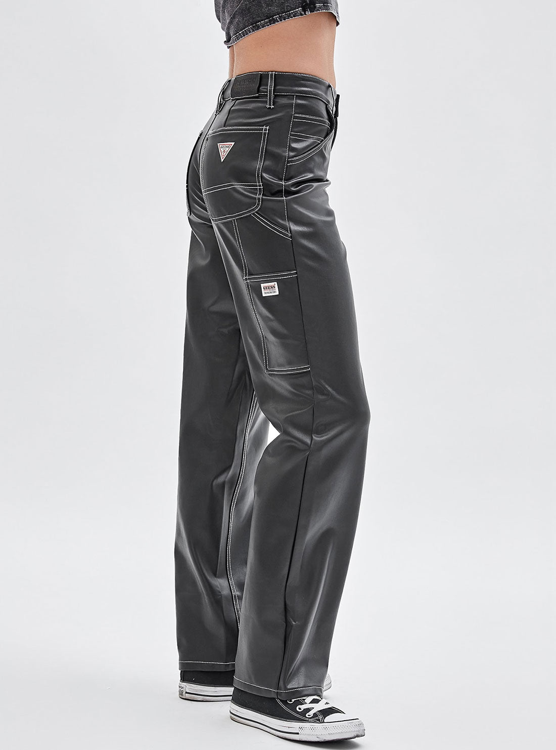 GUESS Women's Guess Originals Black Faux Leather Carpenter Pants W2BG10K8S30 Side View