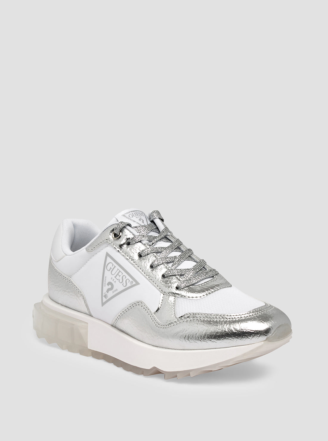 GUESS Women's Silver Melany Logo Low Top Sneakers GWMELANY Angle View