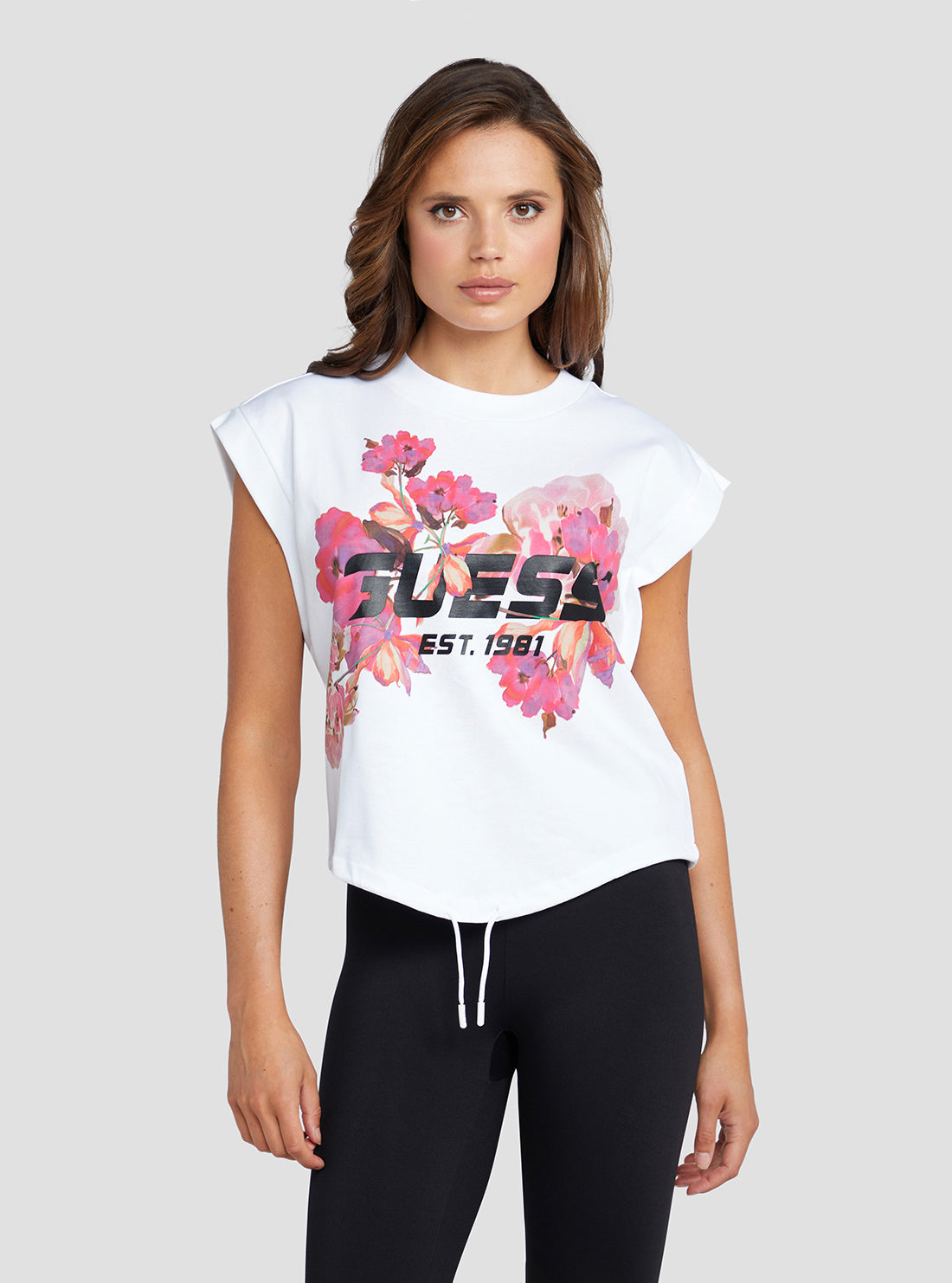 GUESS Women's White Corine Floral Active Crop T-Shirt V3RI05KBC30 Front View
