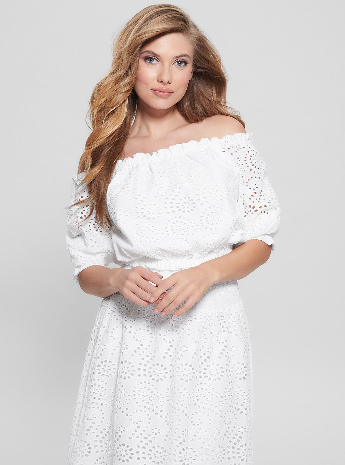 GUESS Women's White Eyelet Embroidered Rafa Top W3GH95WFDC0 Front View