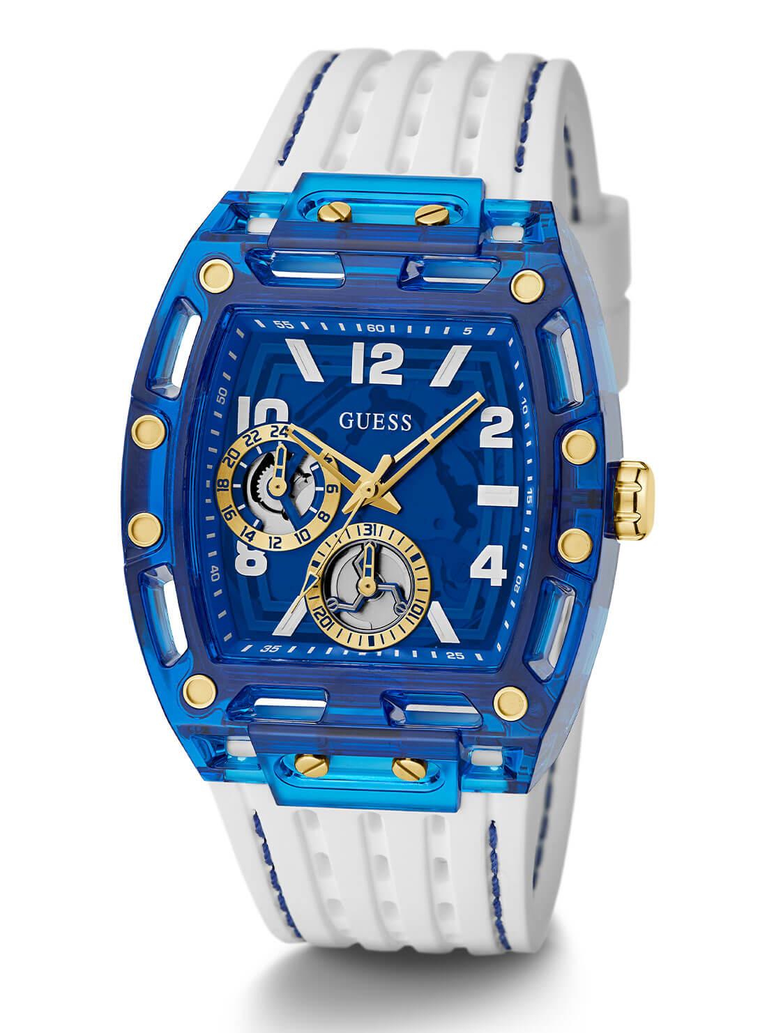 Gold Phoenix Blue Rectangle Silicone Watch | GUESS Men's Watches | full view