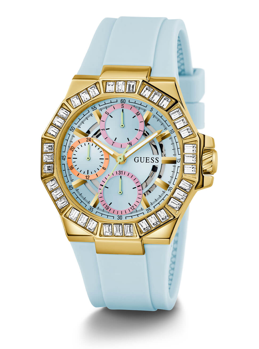 Gold Selene Crystal Silicone Watch | GUESS Women's Watches | full view