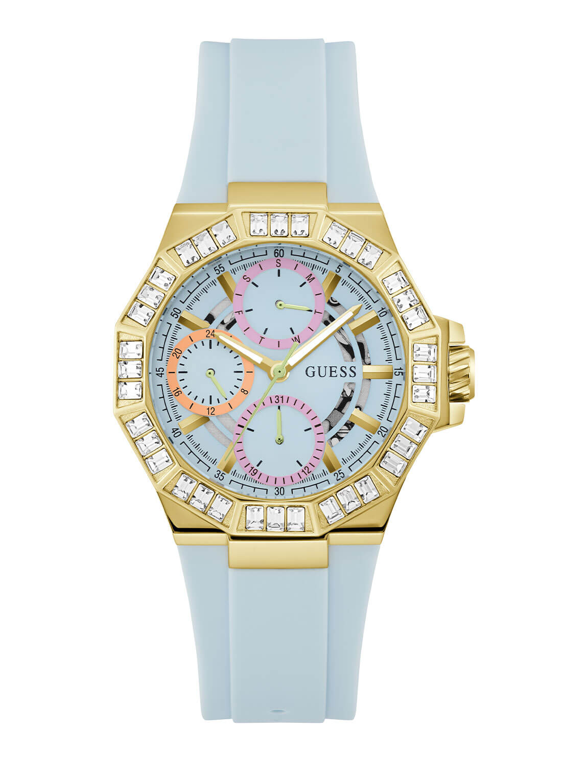 Gold Selene Crystal Silicone Watch | GUESS Women's Watches | front view